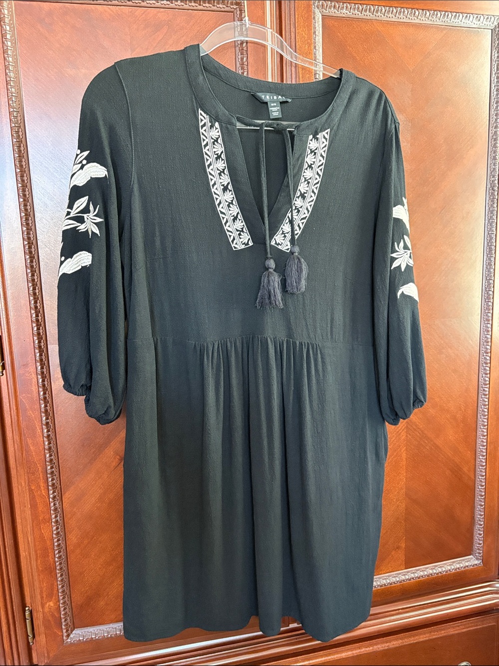 Tribal Black Embroidered Tassel Peasant Top